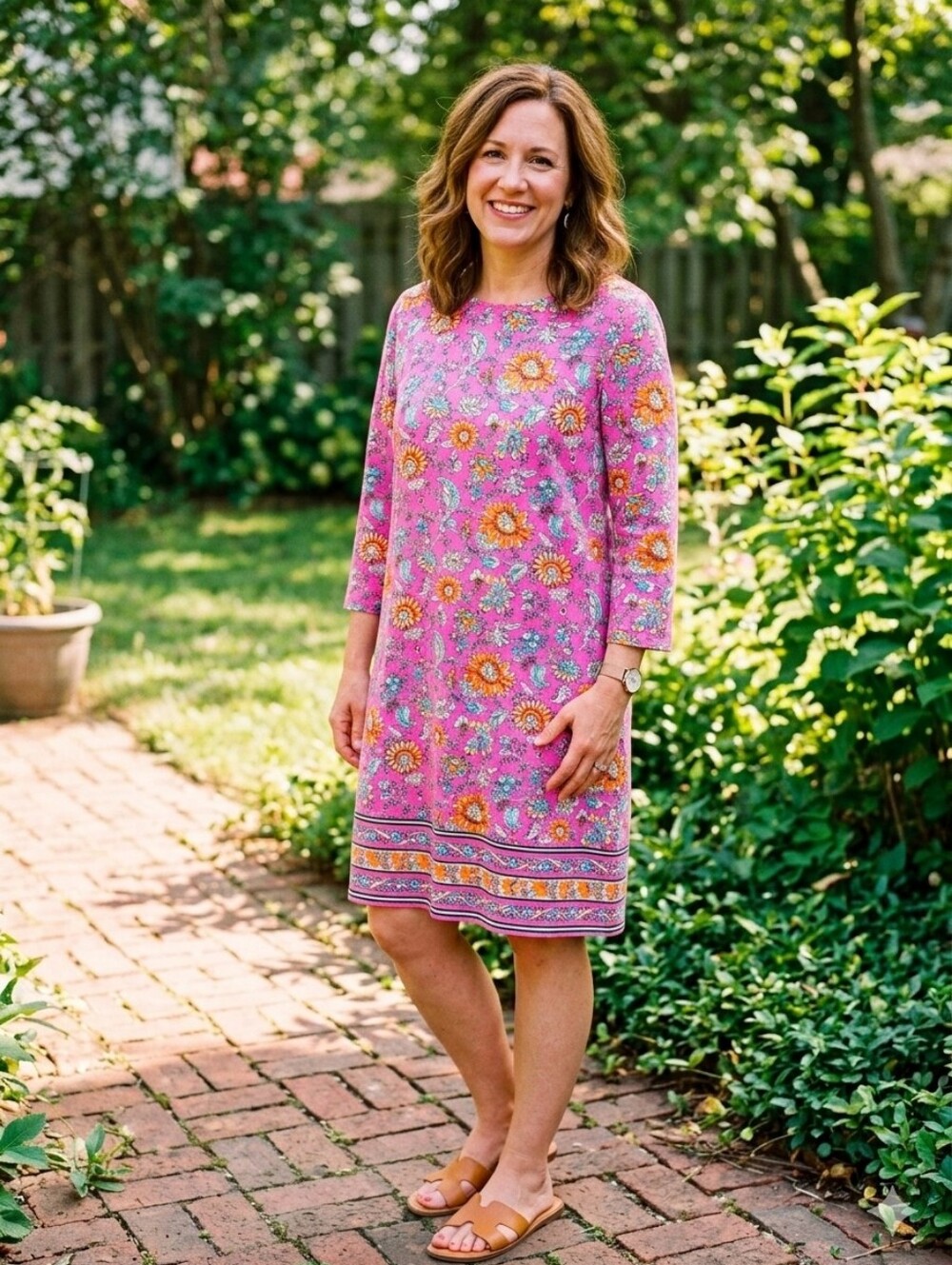 Kim Rogers Pink Floral 3/4 Sleeve Shift Dress with Border Hem L